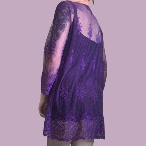 Rich Purple  Lace mesh Cardigan kimono with crochet trim sleeves - Picture 3 of 5